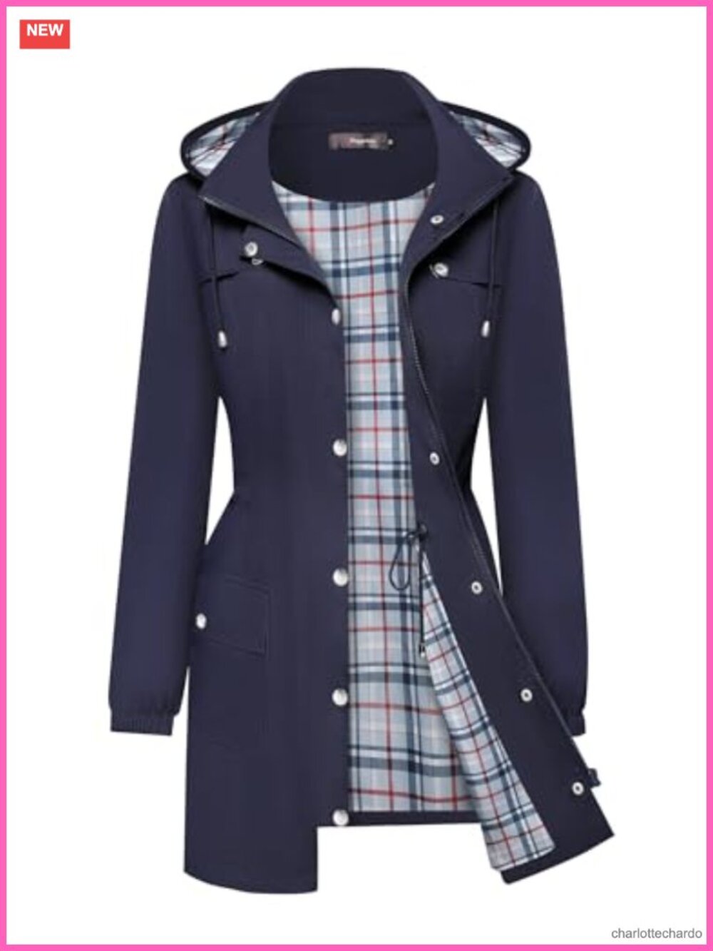 Lightweight Waterproof Hooded Plaid Lined Trench Raincoat with Belt 95%